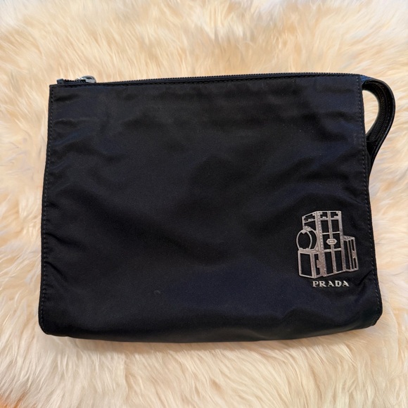 Prada Handbags - Prada Black‎ Nylon Pouch Bag with Silver Luggage Logo